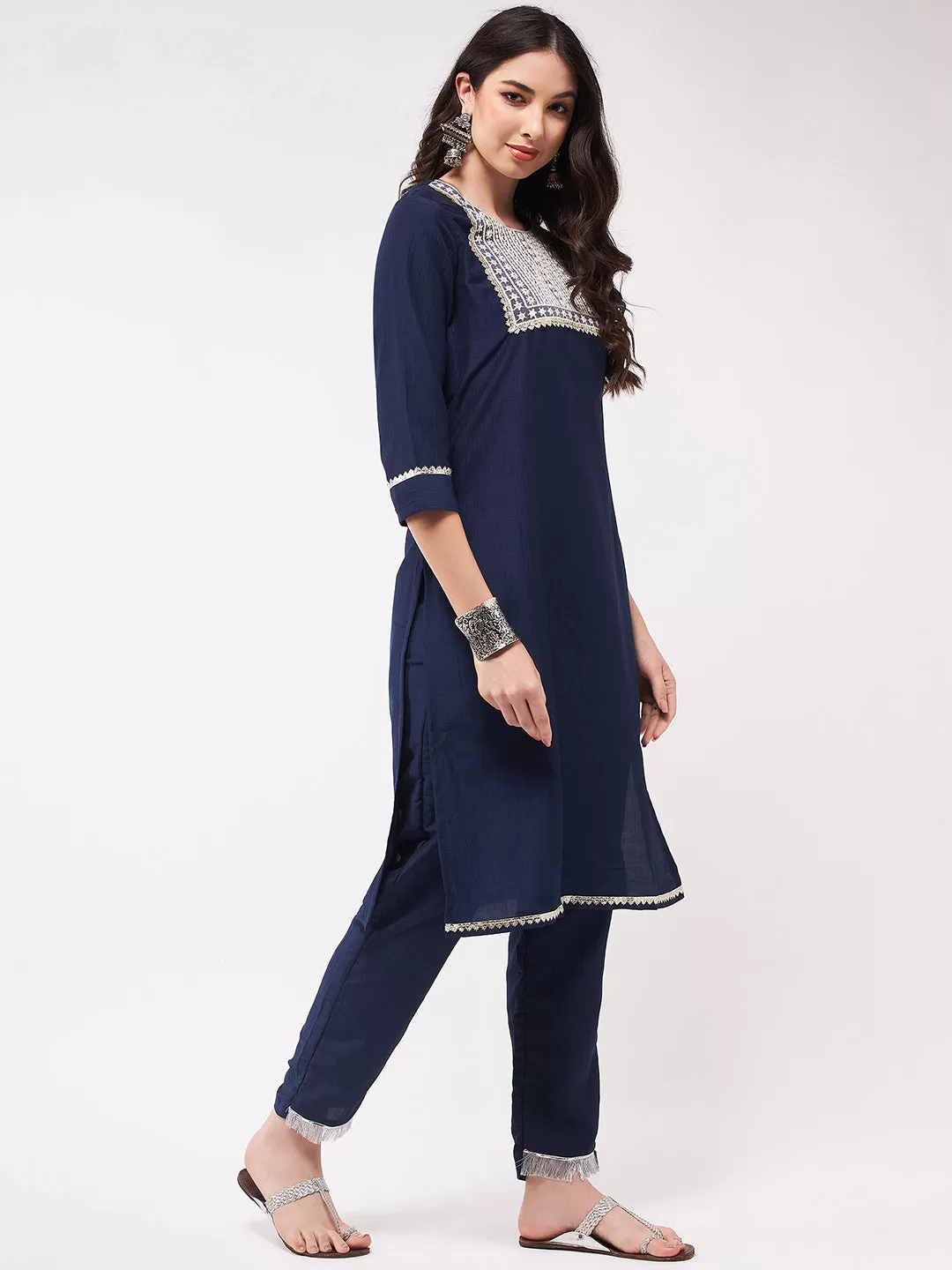 Festive Embroidered Square Neck-Patch Kurta With Laces