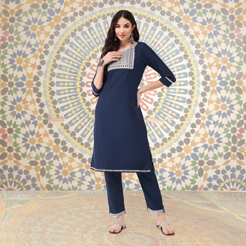 Festive Embroidered Square Neck-Patch Kurta With Laces