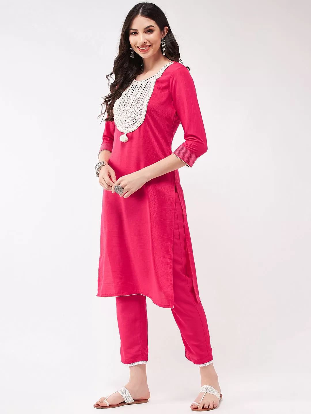 Festive Embroidered U- Neck-Patch Kurta With Laces