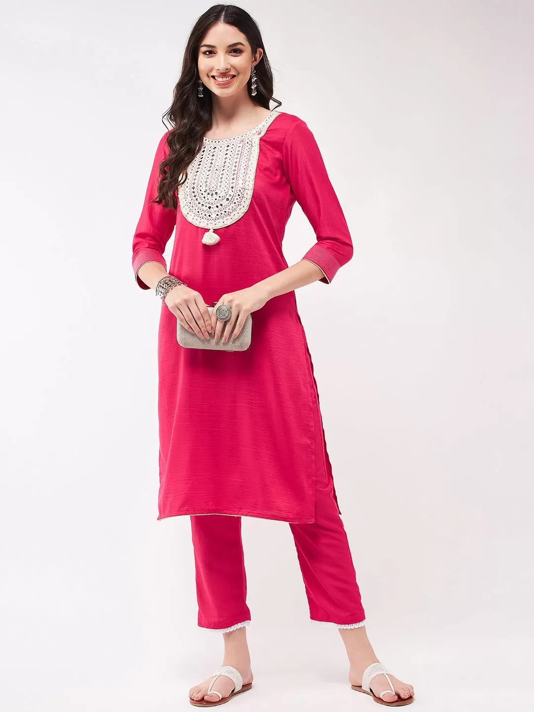 Festive Embroidered U- Neck-Patch Kurta With Laces