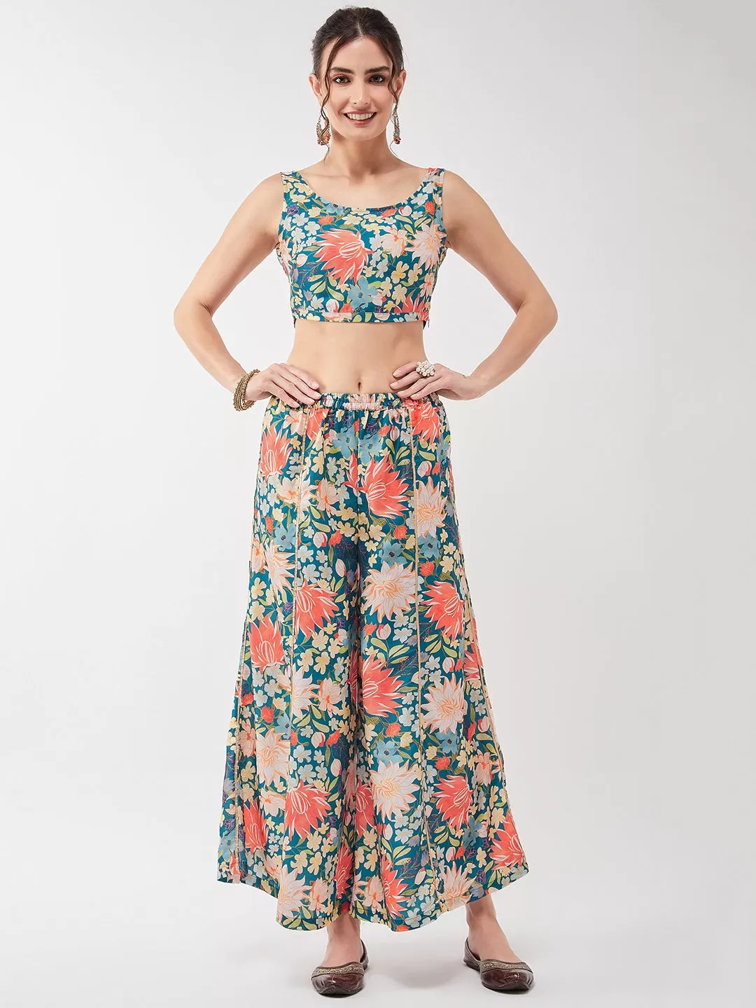 Festive Floral Top With Lace Detailed Shrug And Matching Palazzo Set