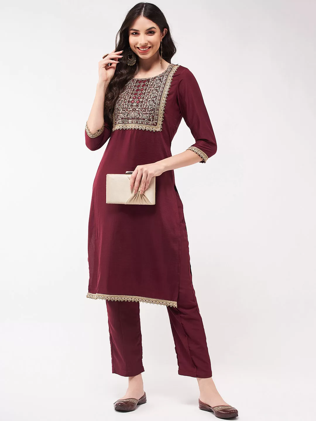 Festive Gold Embroidered Square Neck-Patch Kurta With Laces