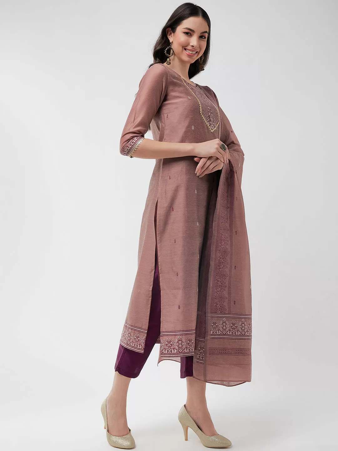 Festive Jacquard Neck Patch Kurta With Dupatta And Matching Pants