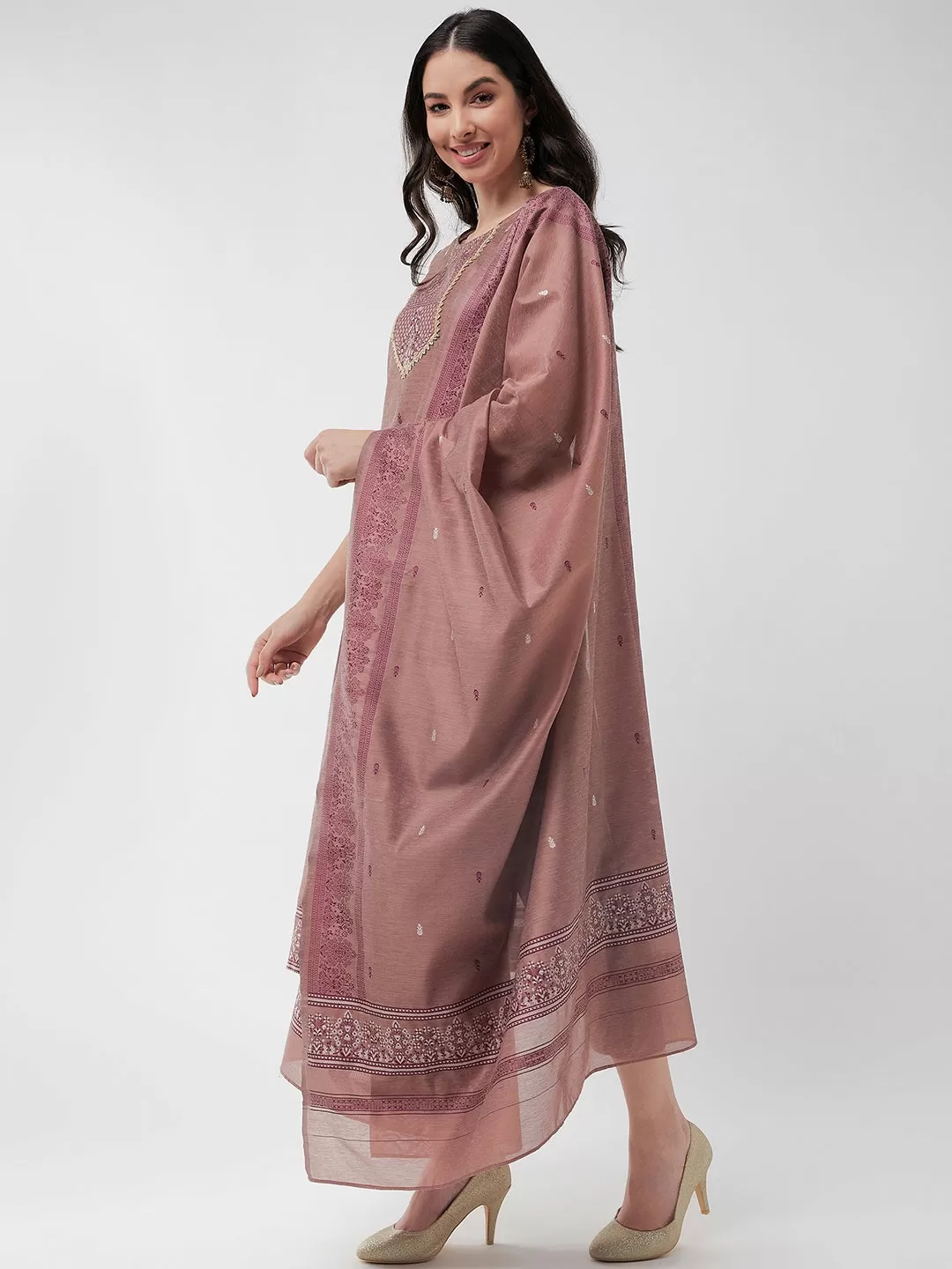 Festive Jacquard Neck Patch Kurta With Dupatta And Matching Pants