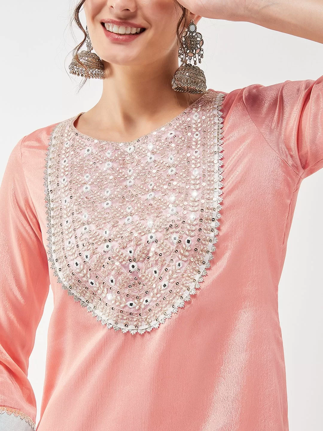 Festive Pastel Embroidered Neck Kurta With Pant Set