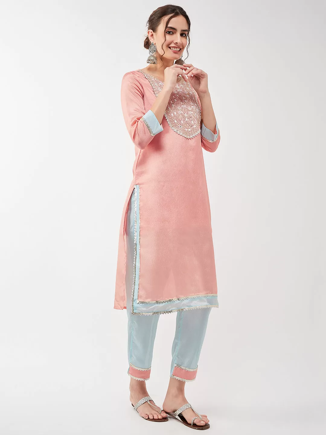 Festive Pastel Embroidered Neck Kurta With Pant Set