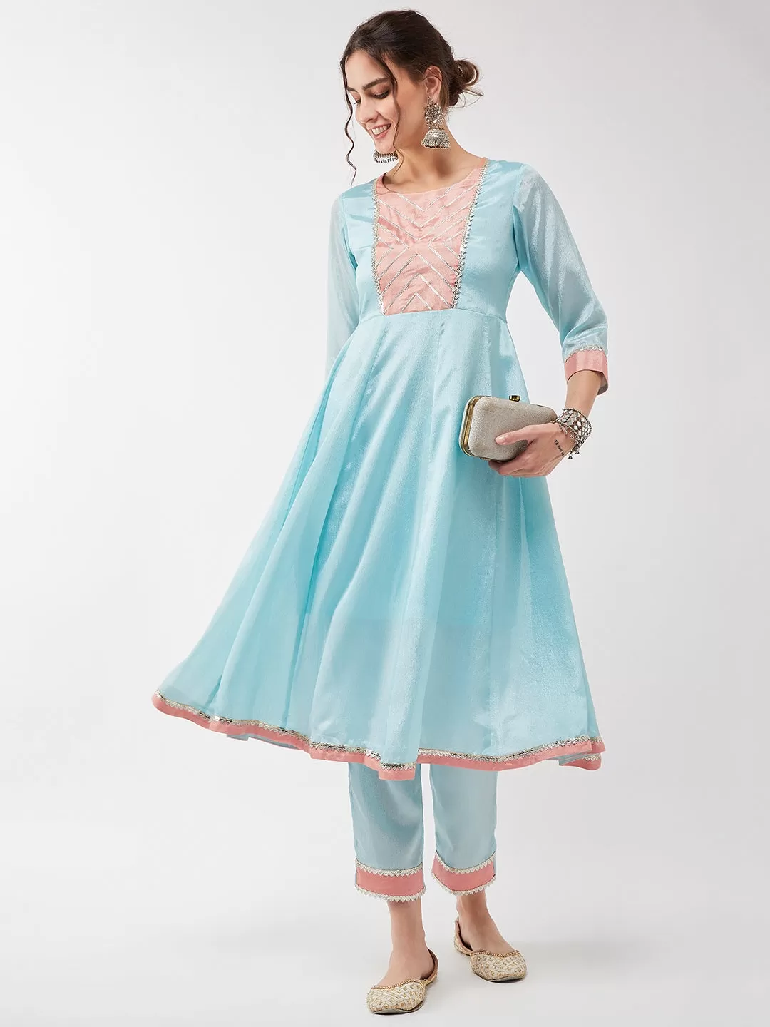 Festive Pastel Lace Detailed Flared Kurta