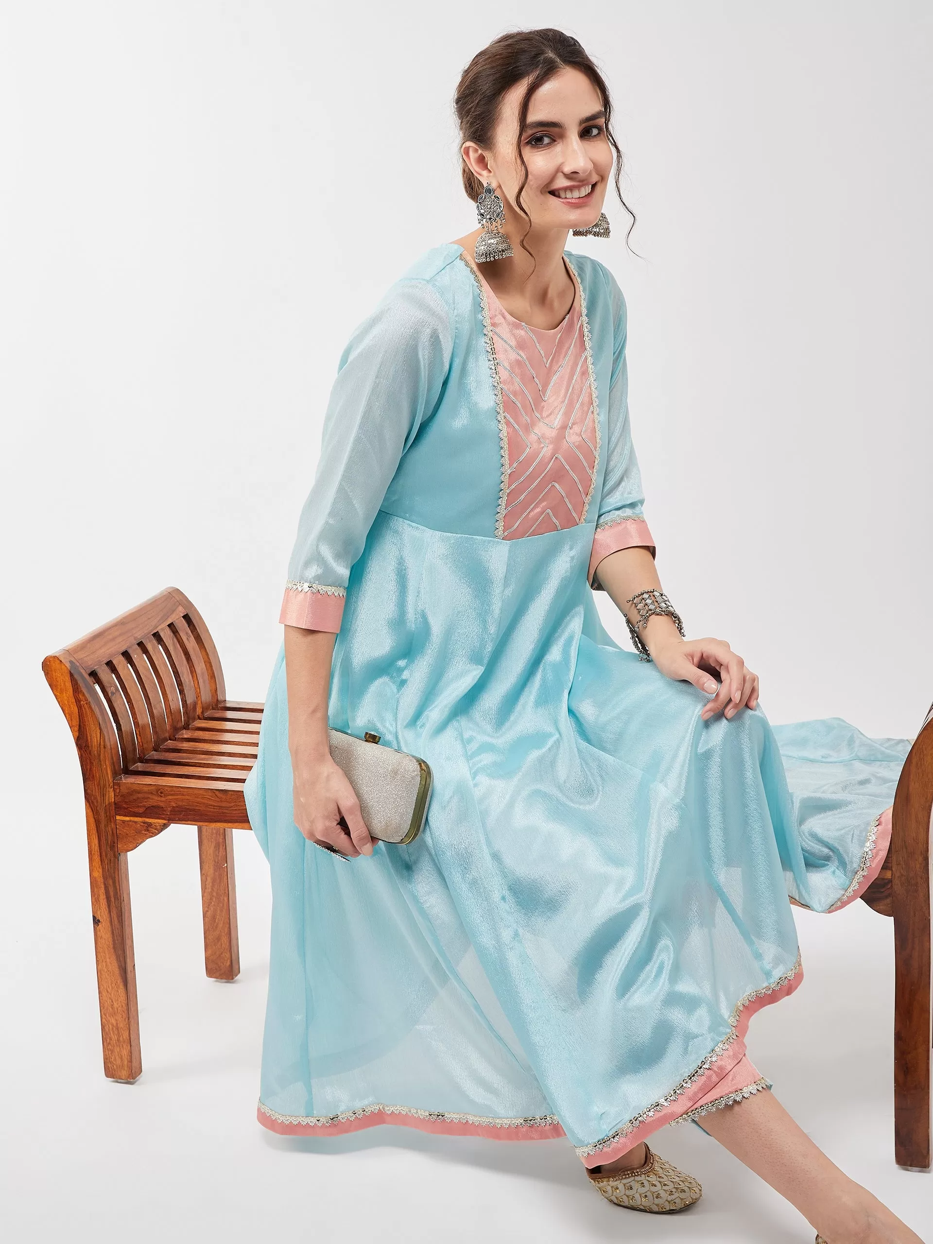 Festive Pastel Lace Detailed Flared Kurta