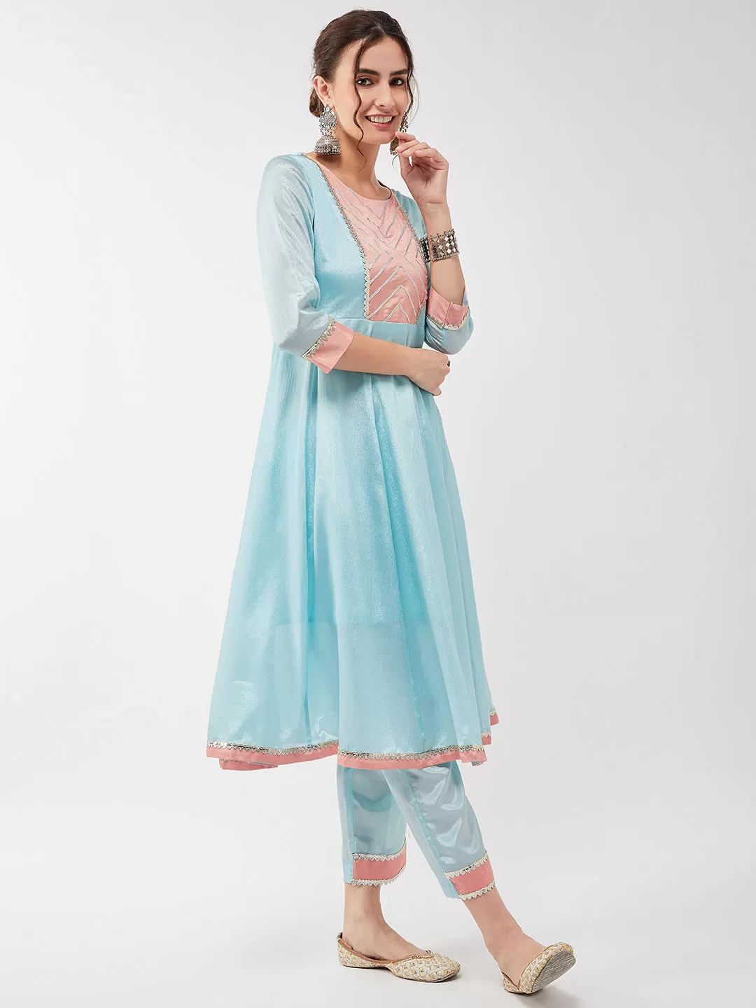 Festive Pastel Lace Detailed Flared Kurta