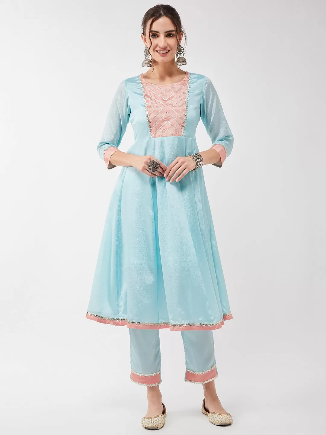 Festive Pastel Lace Detailed Flared Kurta