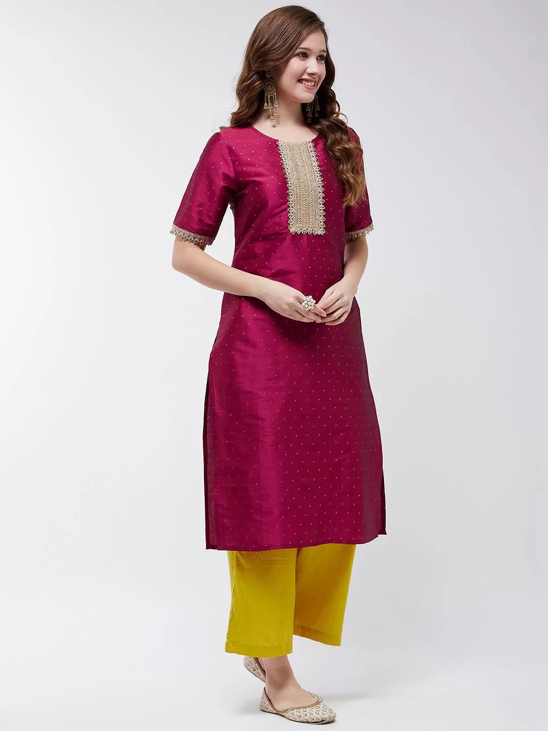 Festive Self Embroidered Buti Kurta With Lace Details And Contrasting Pants