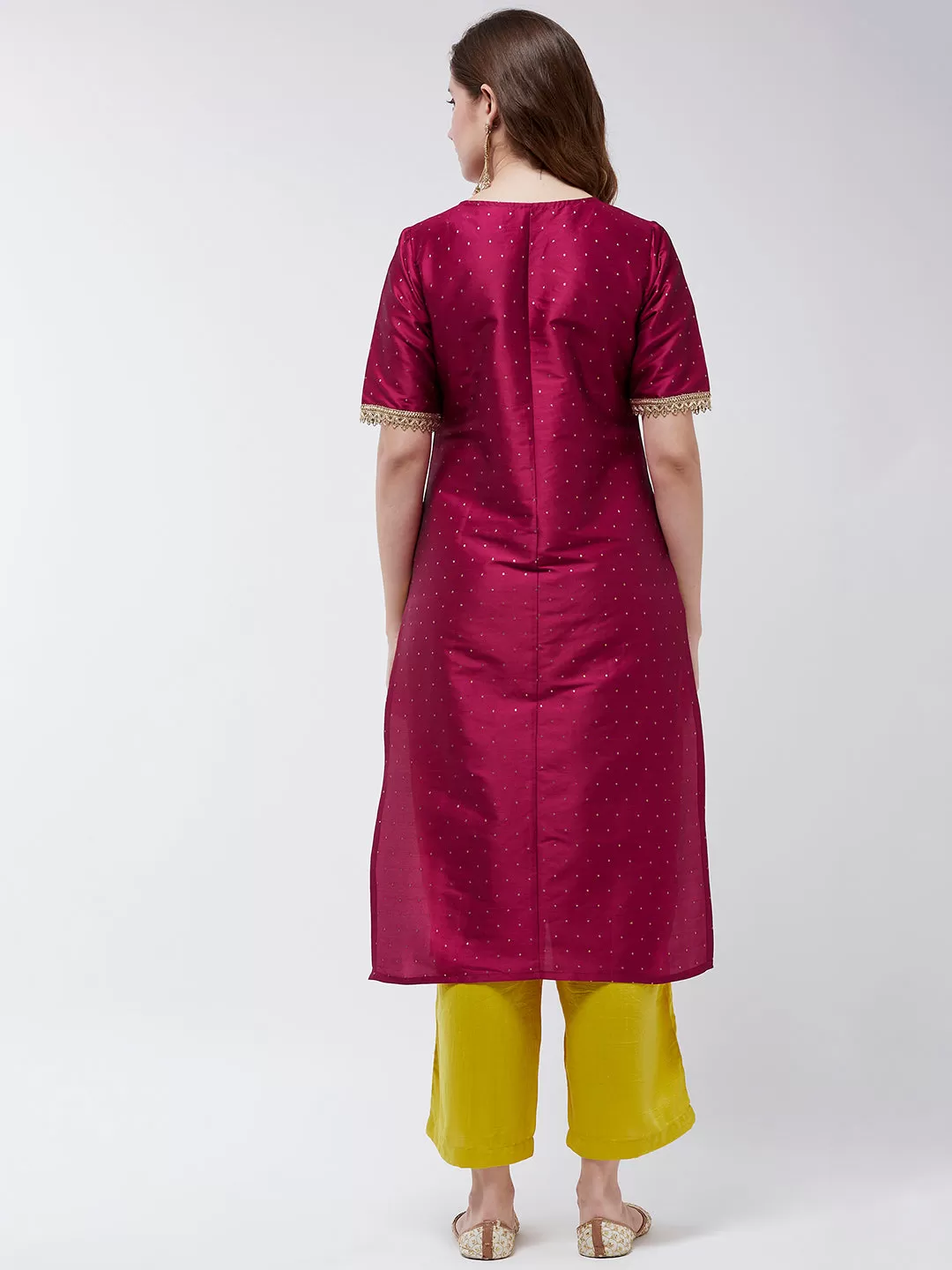 Festive Self Embroidered Buti Kurta With Lace Details And Contrasting Pants