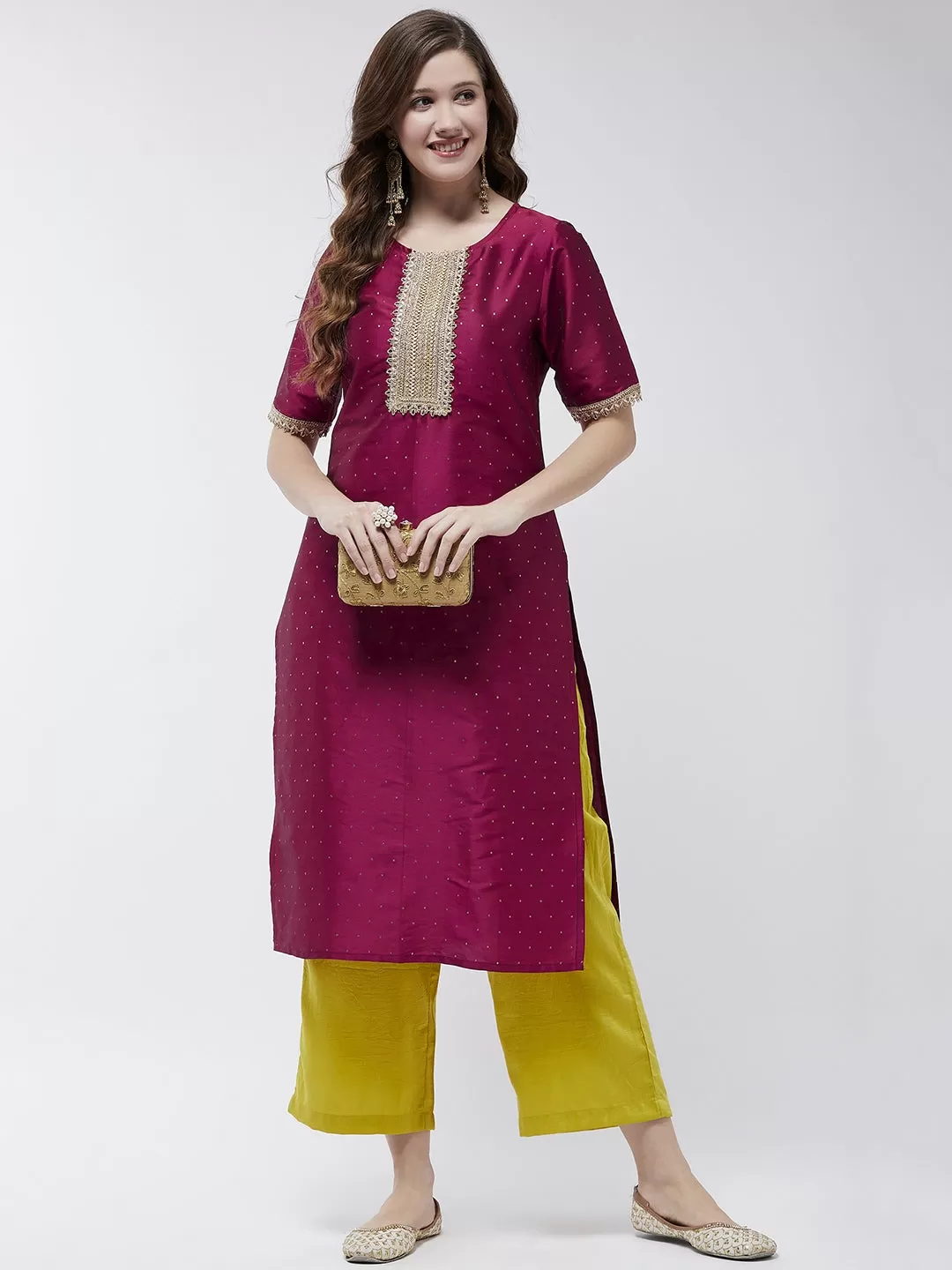 Festive Self Embroidered Buti Kurta With Lace Details And Contrasting Pants