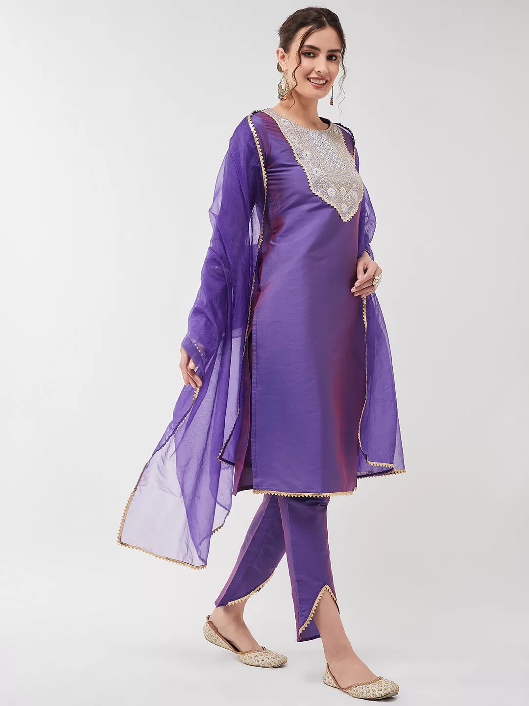 Festive Solid Lace Detailed Kurta With Matching Dupatta And Pant Set