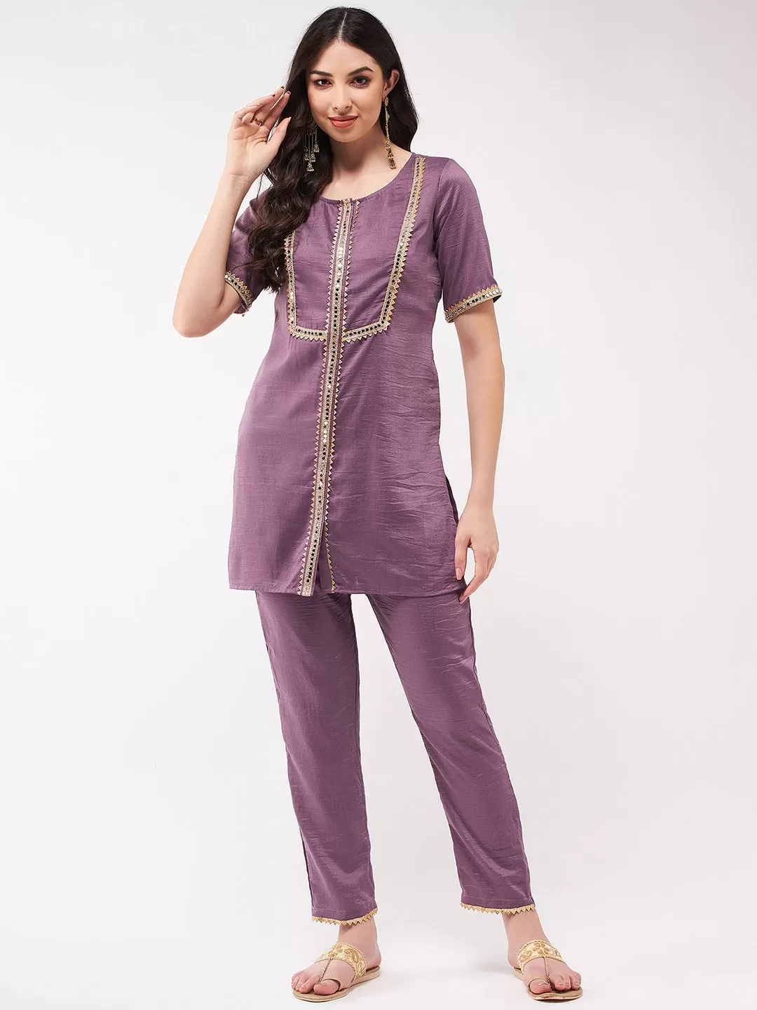 Festive Solid Short Kurti With Mirror Lace And Matching Pant Set