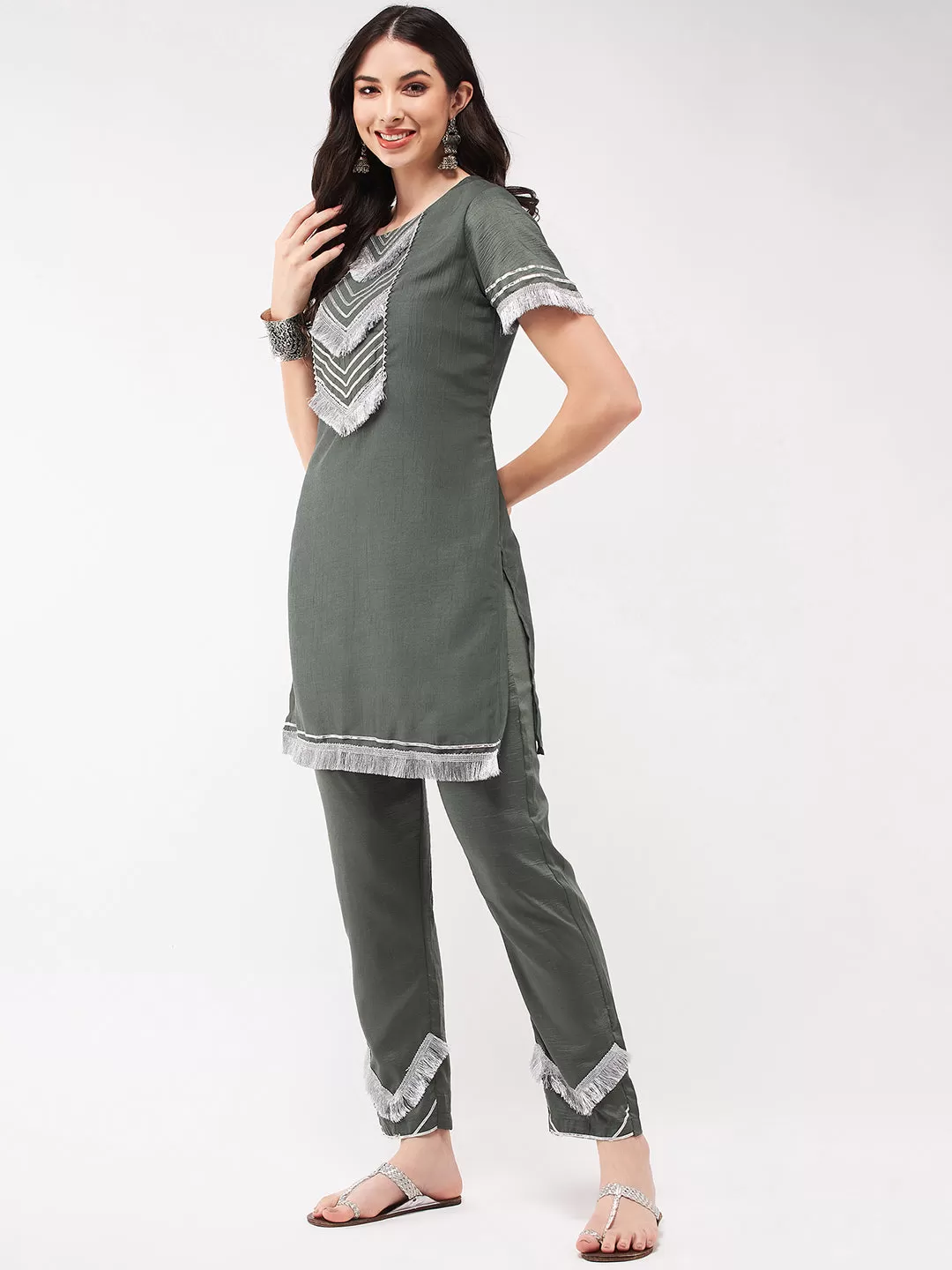 Festive Solid Yoke Short Kurti With Fringe Lace And Matching Pant Set