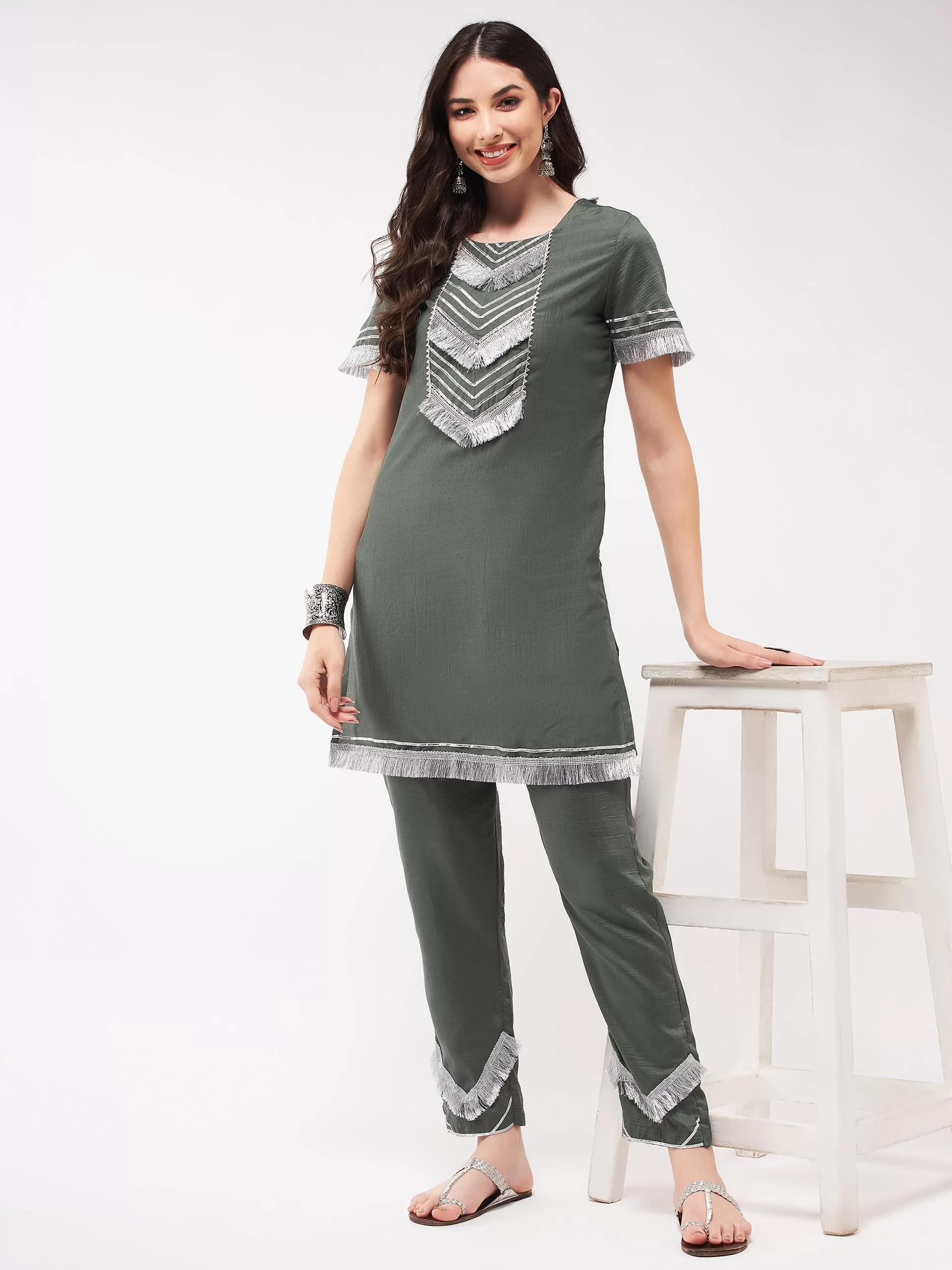 Festive Solid Yoke Short Kurti With Fringe Lace And Matching Pant Set