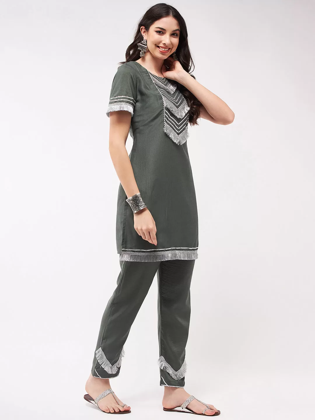 Festive Solid Yoke Short Kurti With Fringe Lace And Matching Pant Set