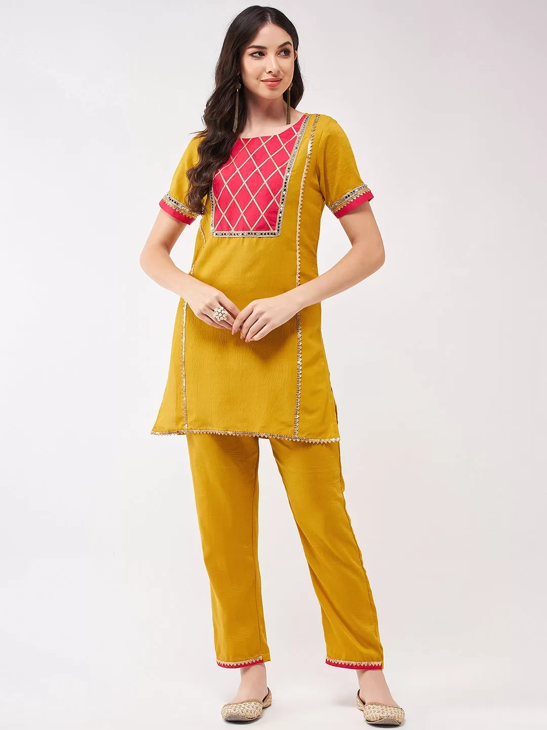 Festive Solid Yoke Short Kurti With Matching Pant Set