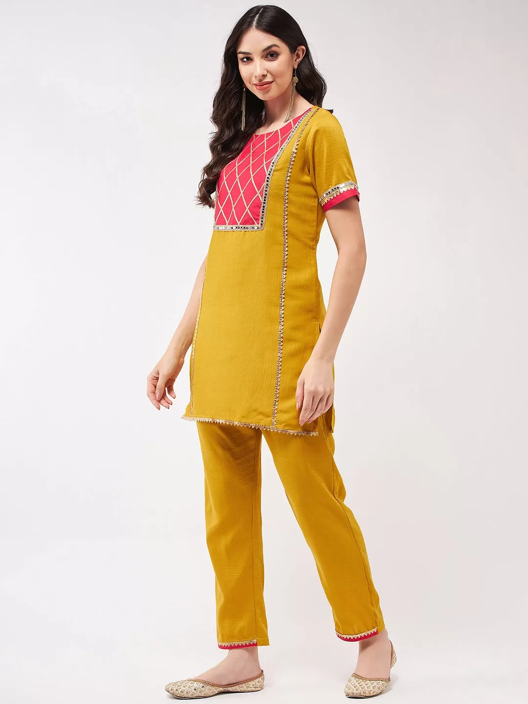 Festive Solid Yoke Short Kurti With Matching Pant Set