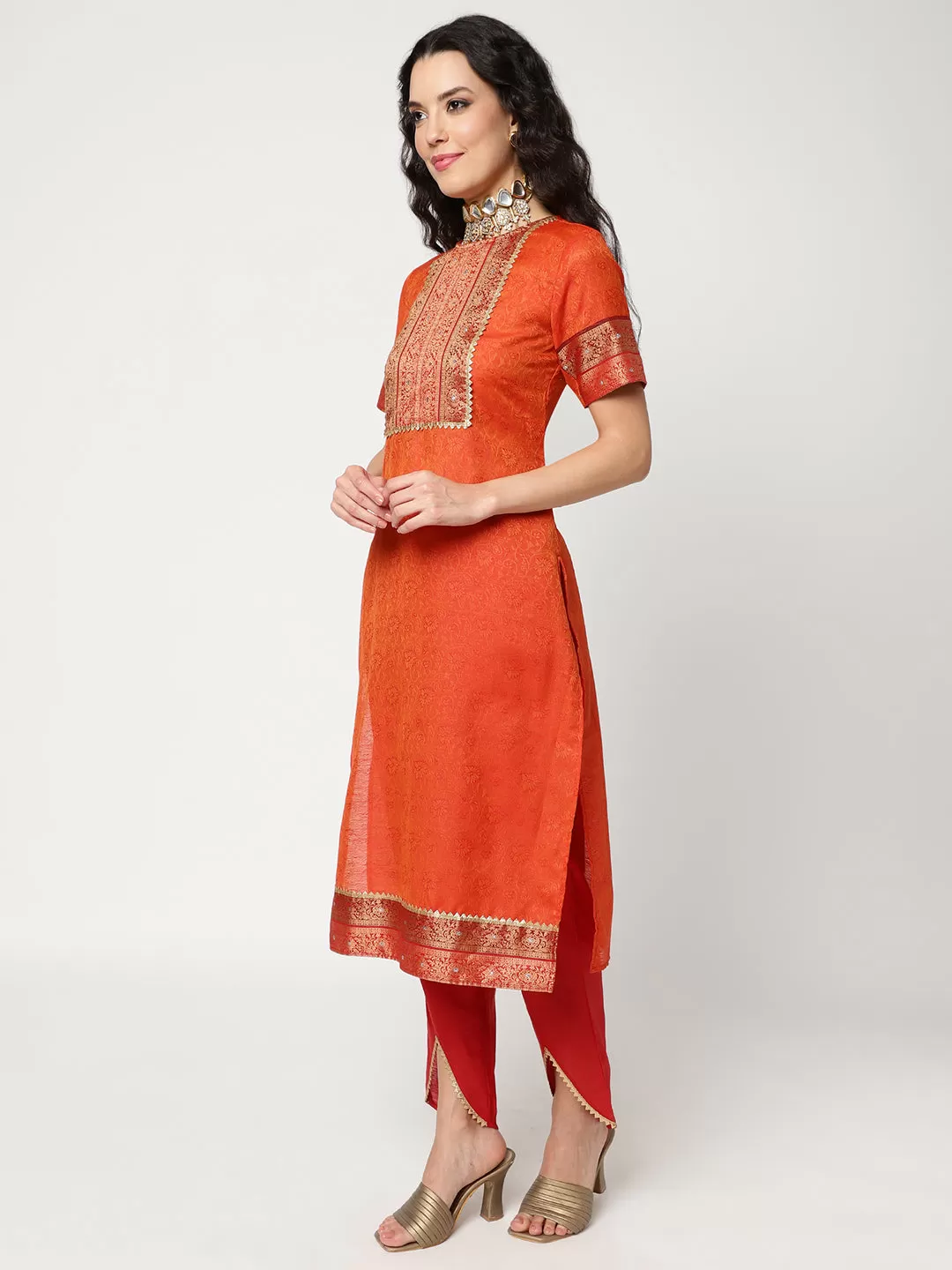 Festive Yoke Kurta With Lace, Straight Pant And Matching Embellished Dupatta Set