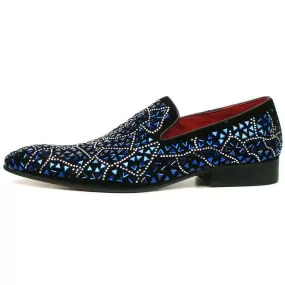 Fiesso Black Suede Blue Rhinestones Formal Entertainer Slip on Shoes FI 7415