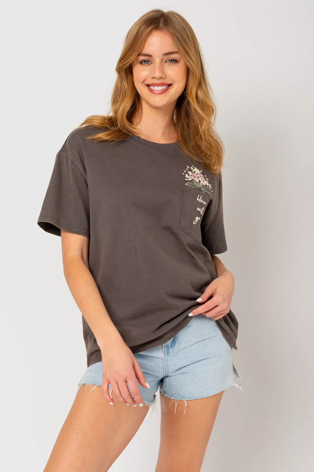 FINAL SALE - Bloom With Grace Embroidered Pocket Tee