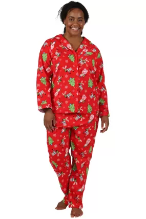 Flannel Red Reindeer Print Plus Size Pajama Set