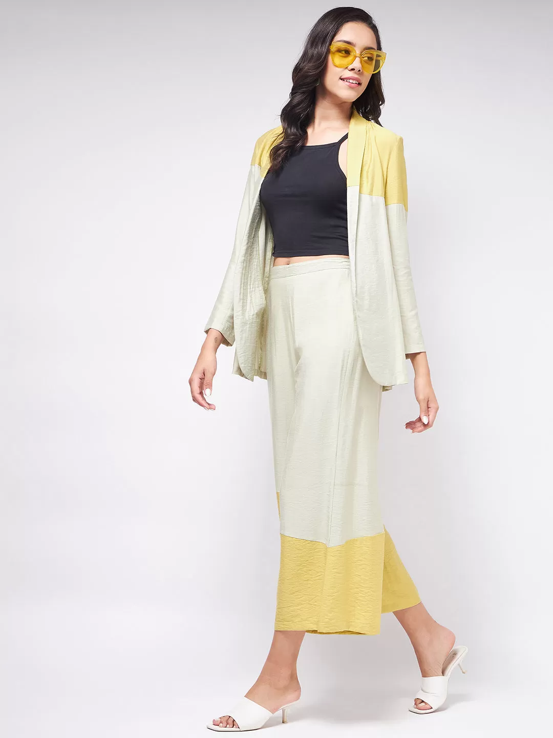 Flaunt Yourself In Solid Colorblock Blazer With Matching Pants Set