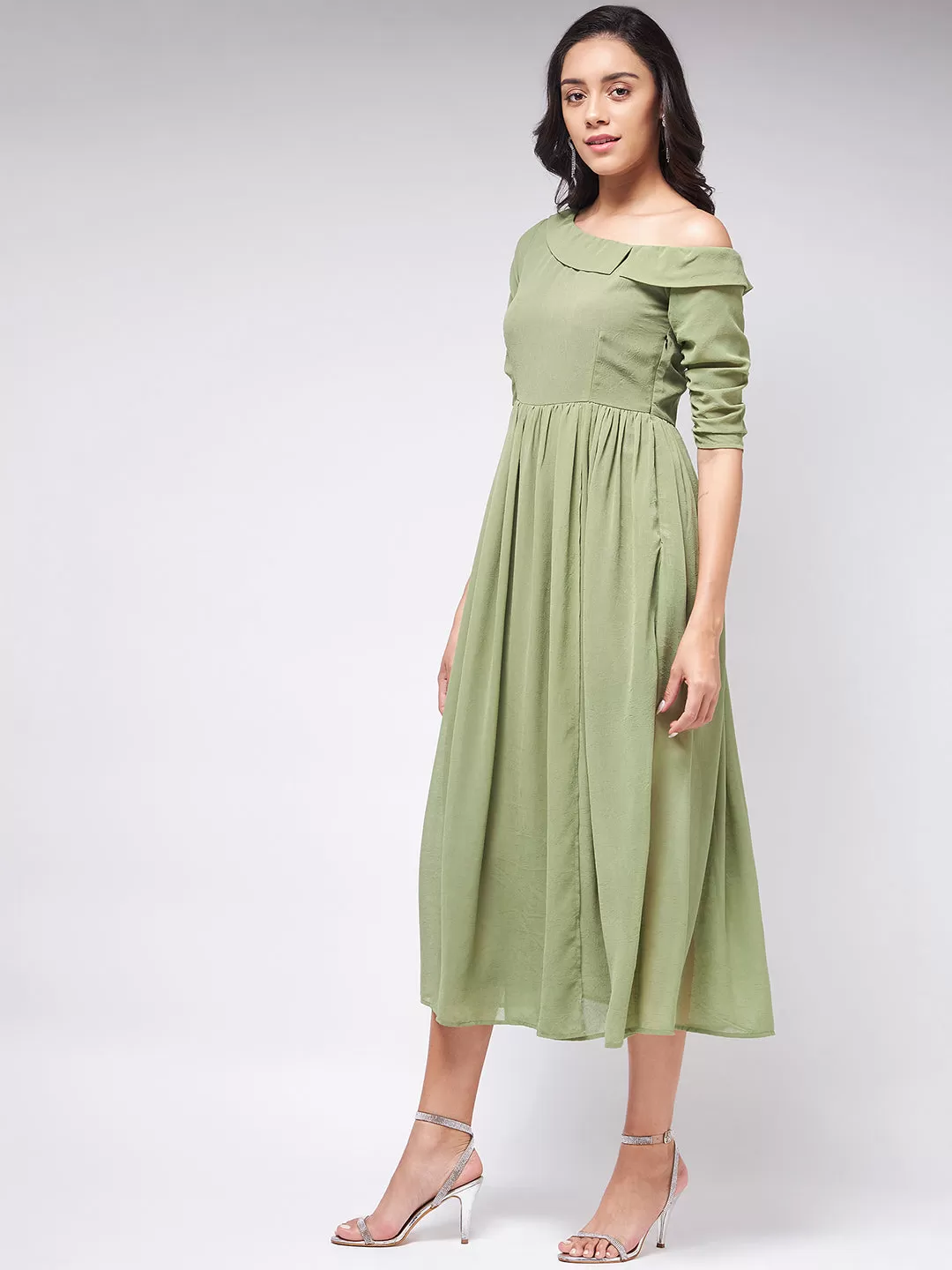 Flaunt Yourself In Stylish Shoulder Dress With Gathered Hemline