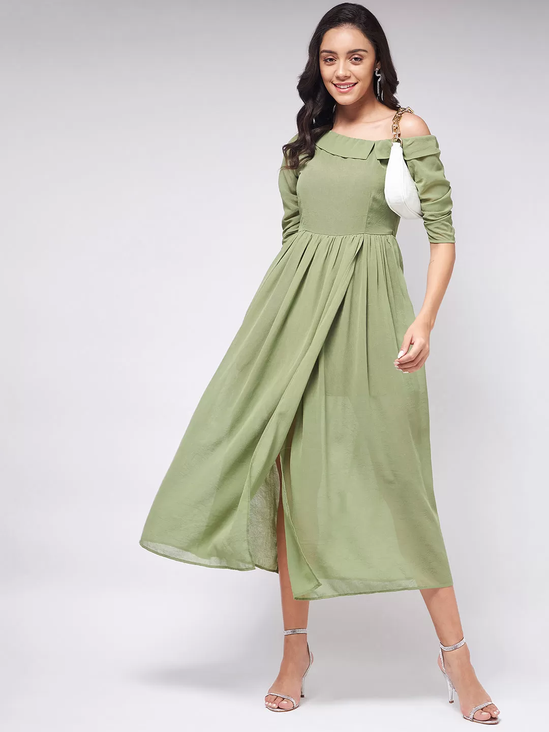 Flaunt Yourself In Stylish Shoulder Dress With Gathered Hemline