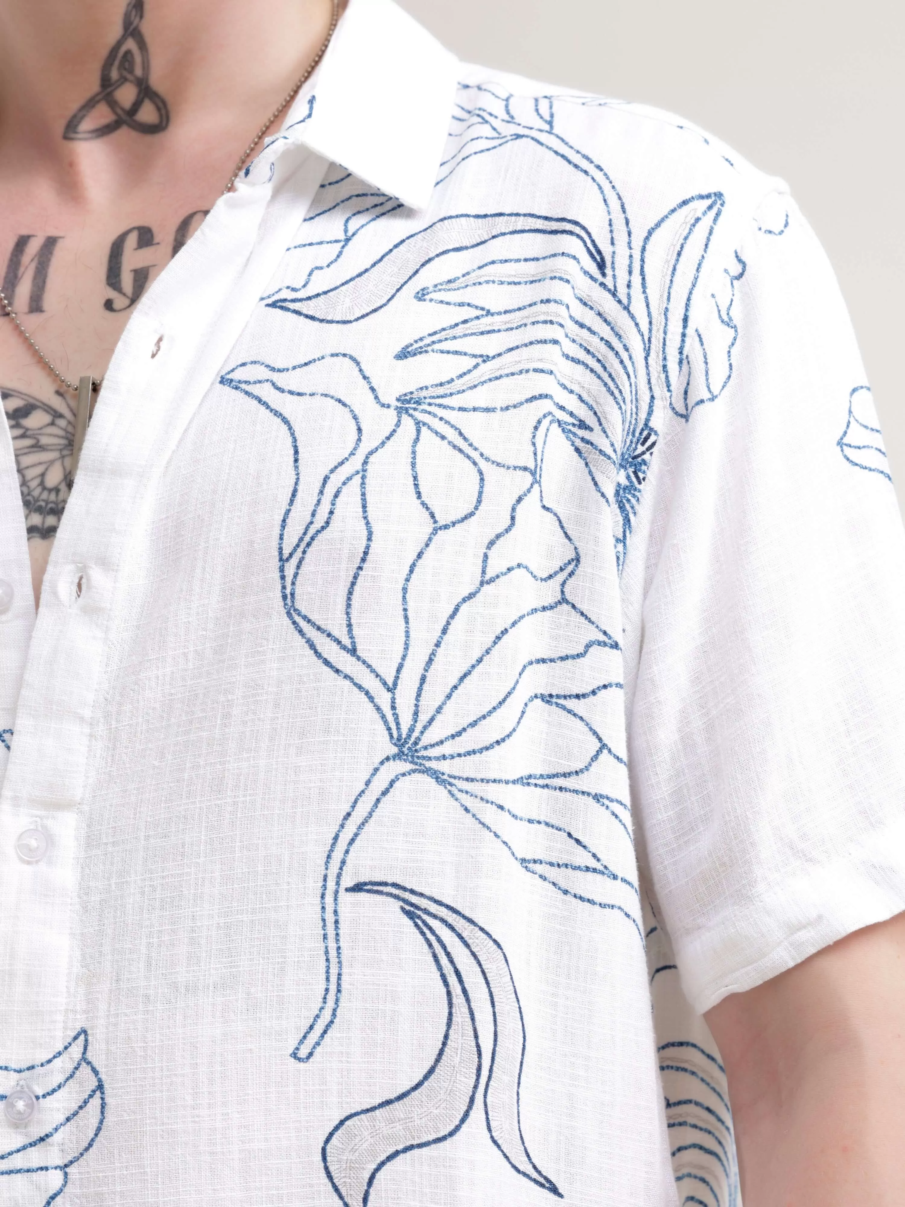 Floral printed blue half sleeve shirt