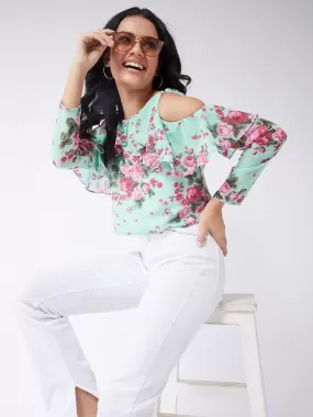 Floral Ruffle Cold-Shoulder Top