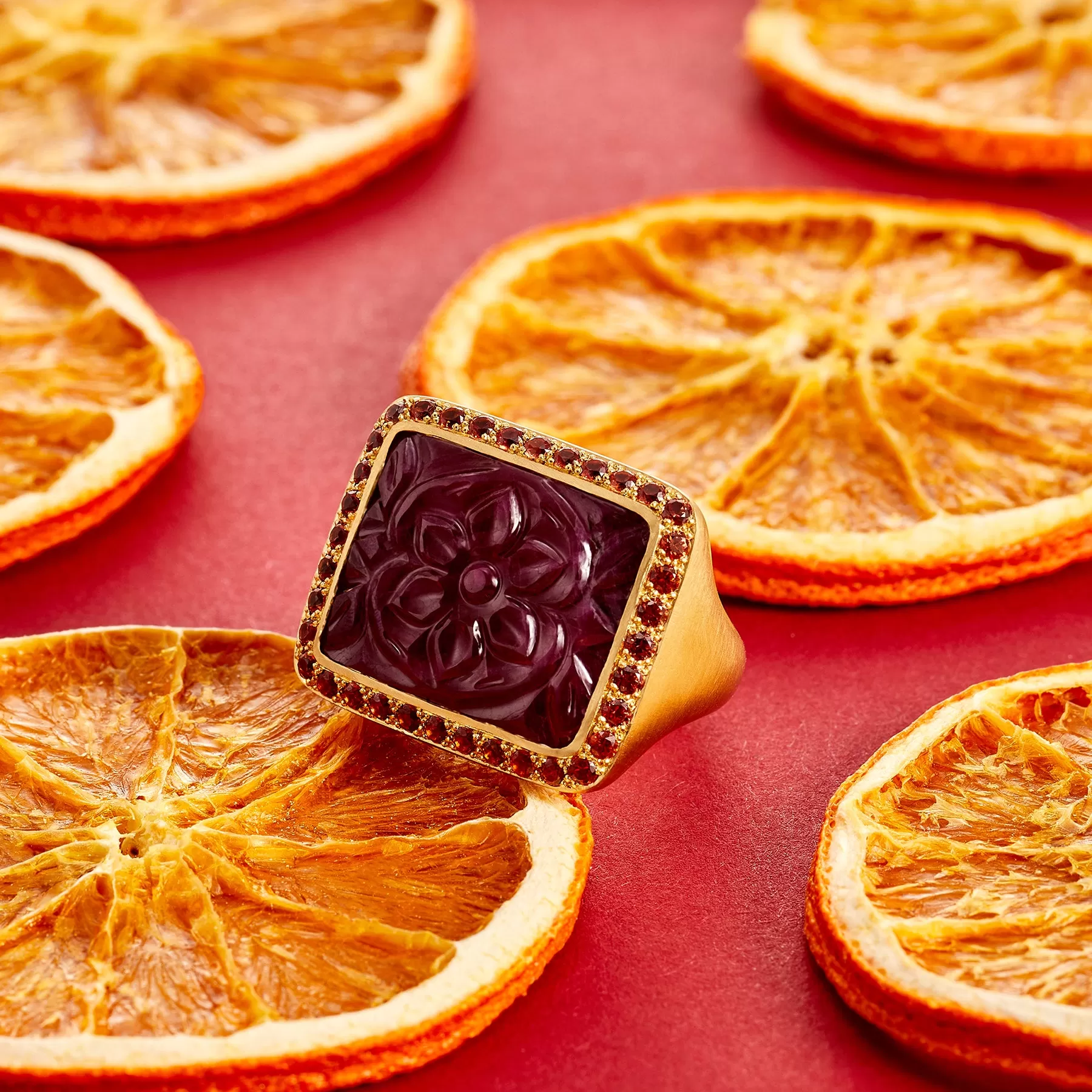 FLORIANA CARVED RUBY SIGNET RING