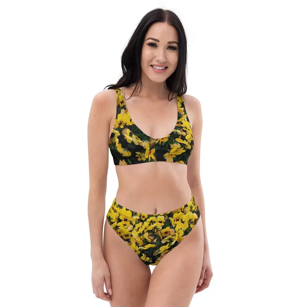 Flower Bikini Set / Yellow Violets / High Wist / Recycled Polyester