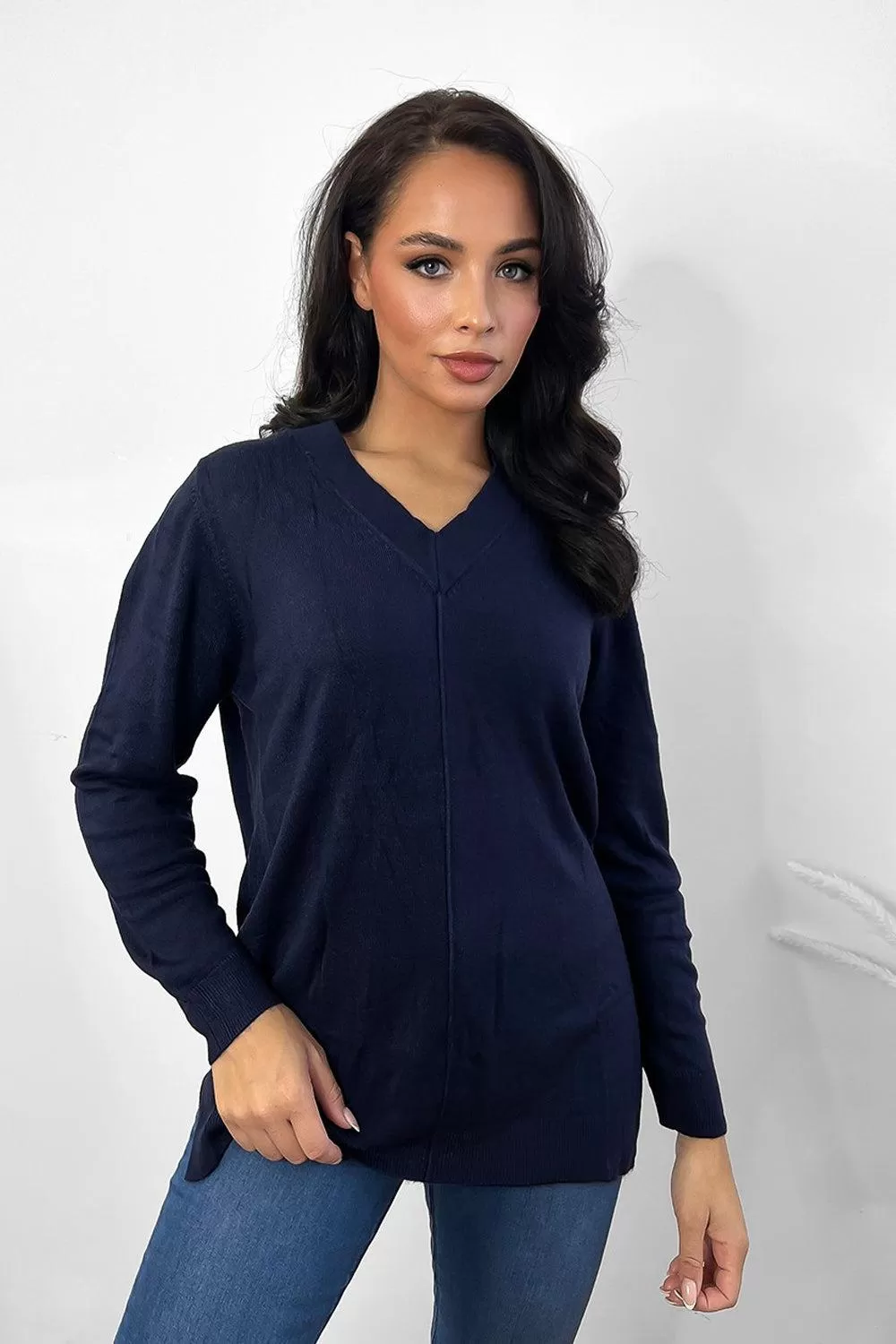 Front Seam V-Neck Soft Knit Pullover