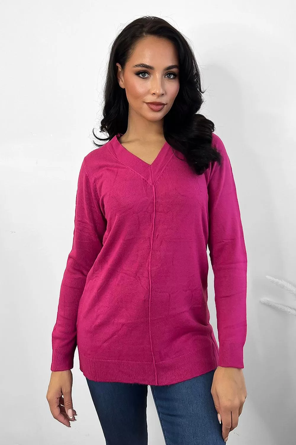 Front Seam V-Neck Soft Knit Pullover