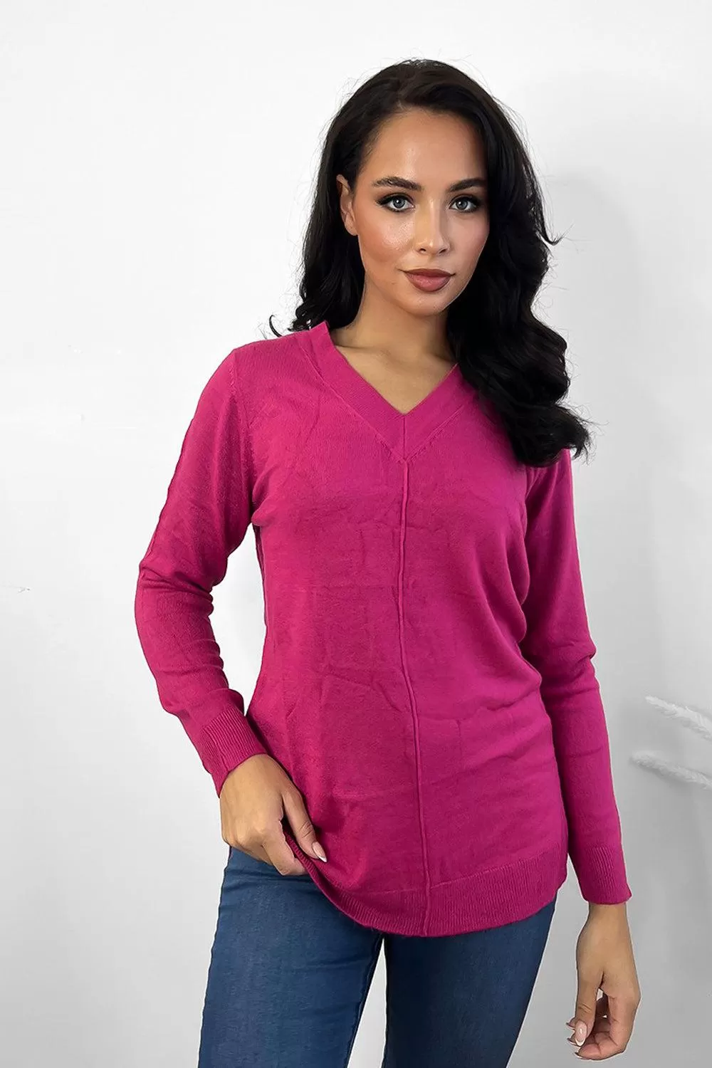 Front Seam V-Neck Soft Knit Pullover