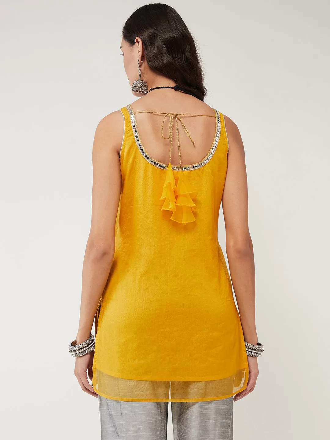 Fusion Short Pastel Sleeveless Kurta With Lace