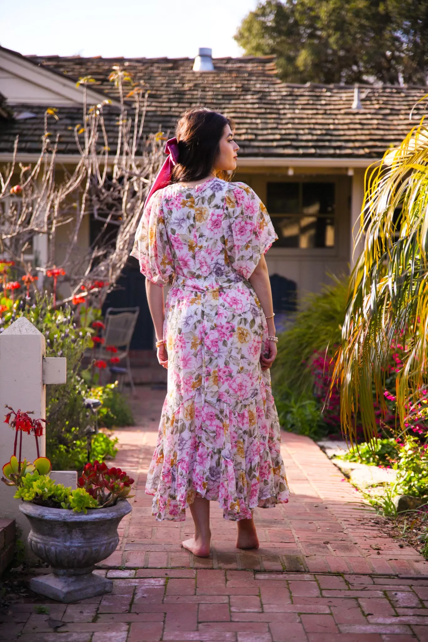 Garden Gala Floral Butterfly Sleeve Tiered Dress - Blush/Multi