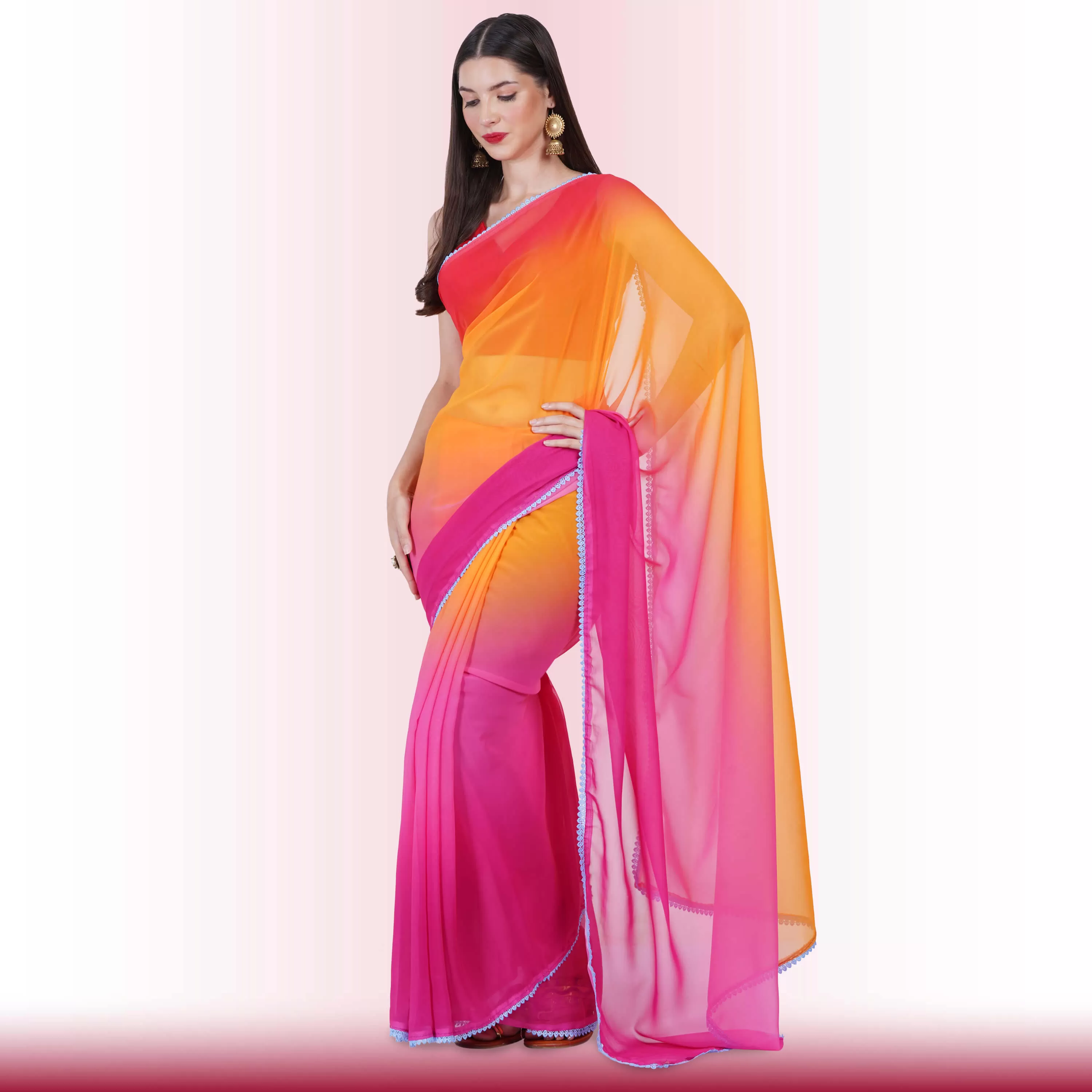 Georgette Saree in multi-color - Pink