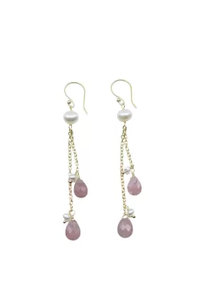 Gold Dangle Earrings with Gold Chain Strands with Cherry Quartz and Pearl Drops