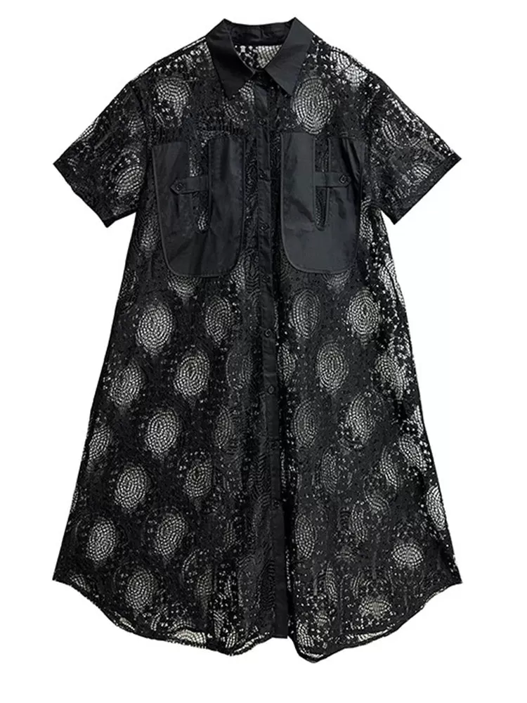 Gothic Style Black Lace See-Through Shirt Dress with Button Closure