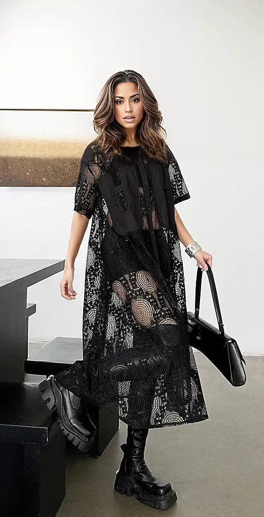 Gothic Style Black Lace See-Through Shirt Dress with Button Closure