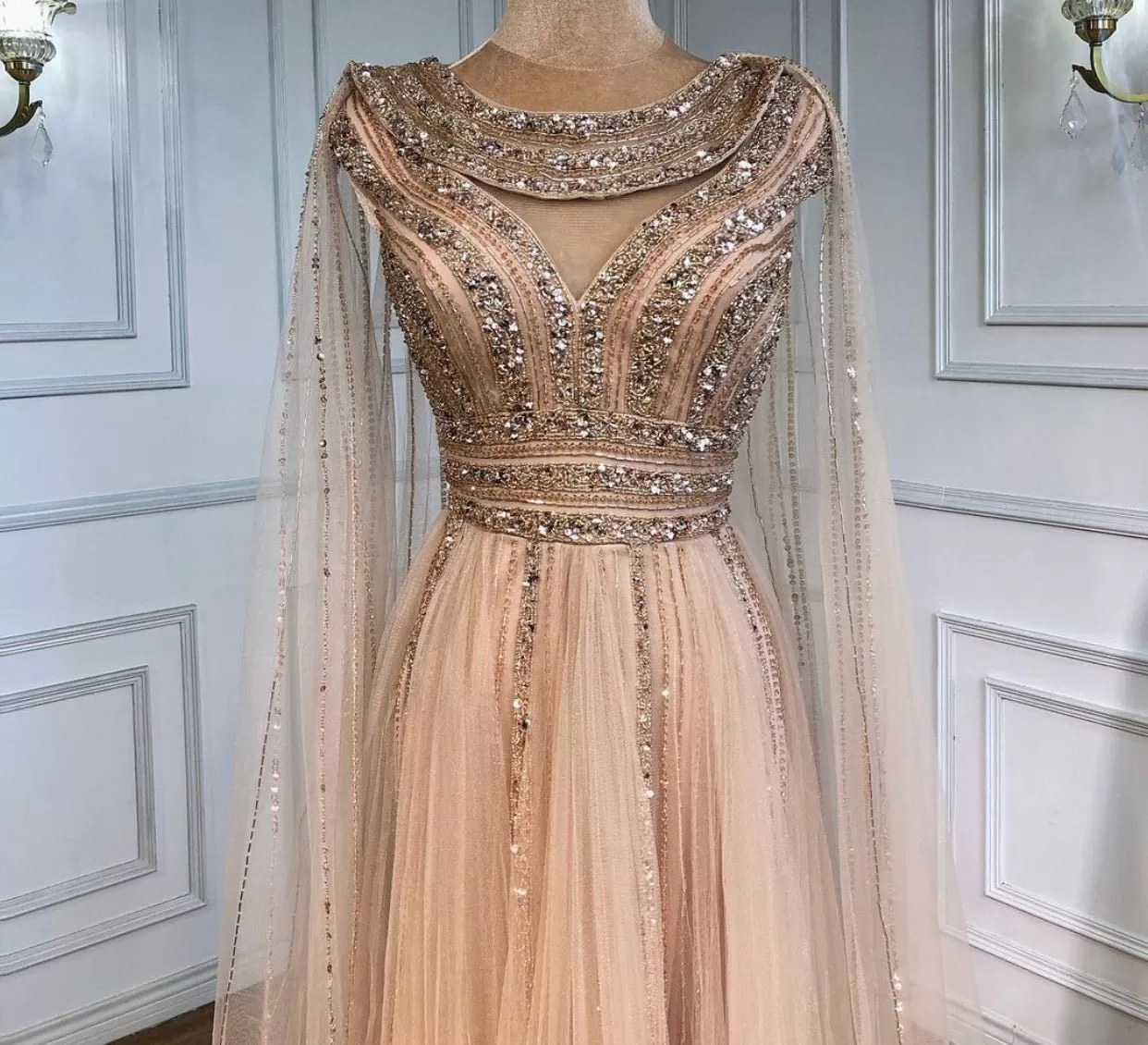 Grace Cape Sleeve Beading Long Dress