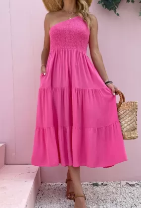 Grace One Shoulder Midi Dress - HOT PINK - LAST ONE