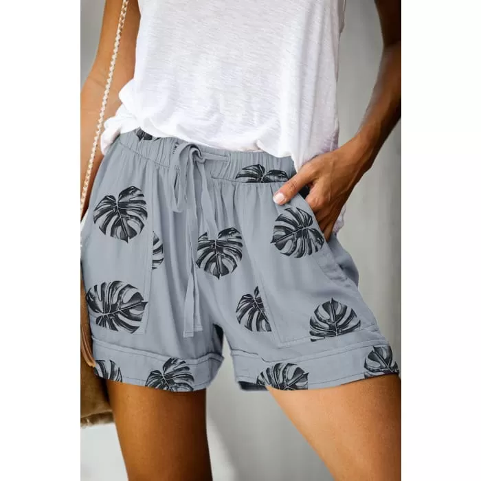 Gray Palm Leaf Drawstring Shorts