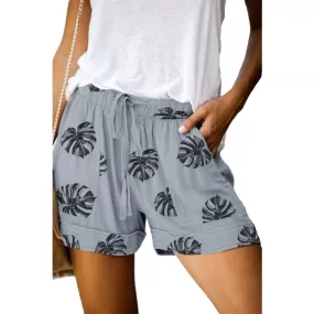 Gray Palm Leaf Drawstring Shorts