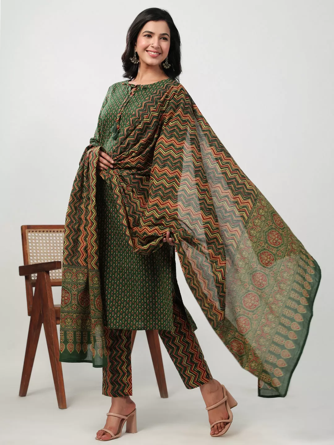 Green Cotton Ethinc Motifs Regular Kurta Set