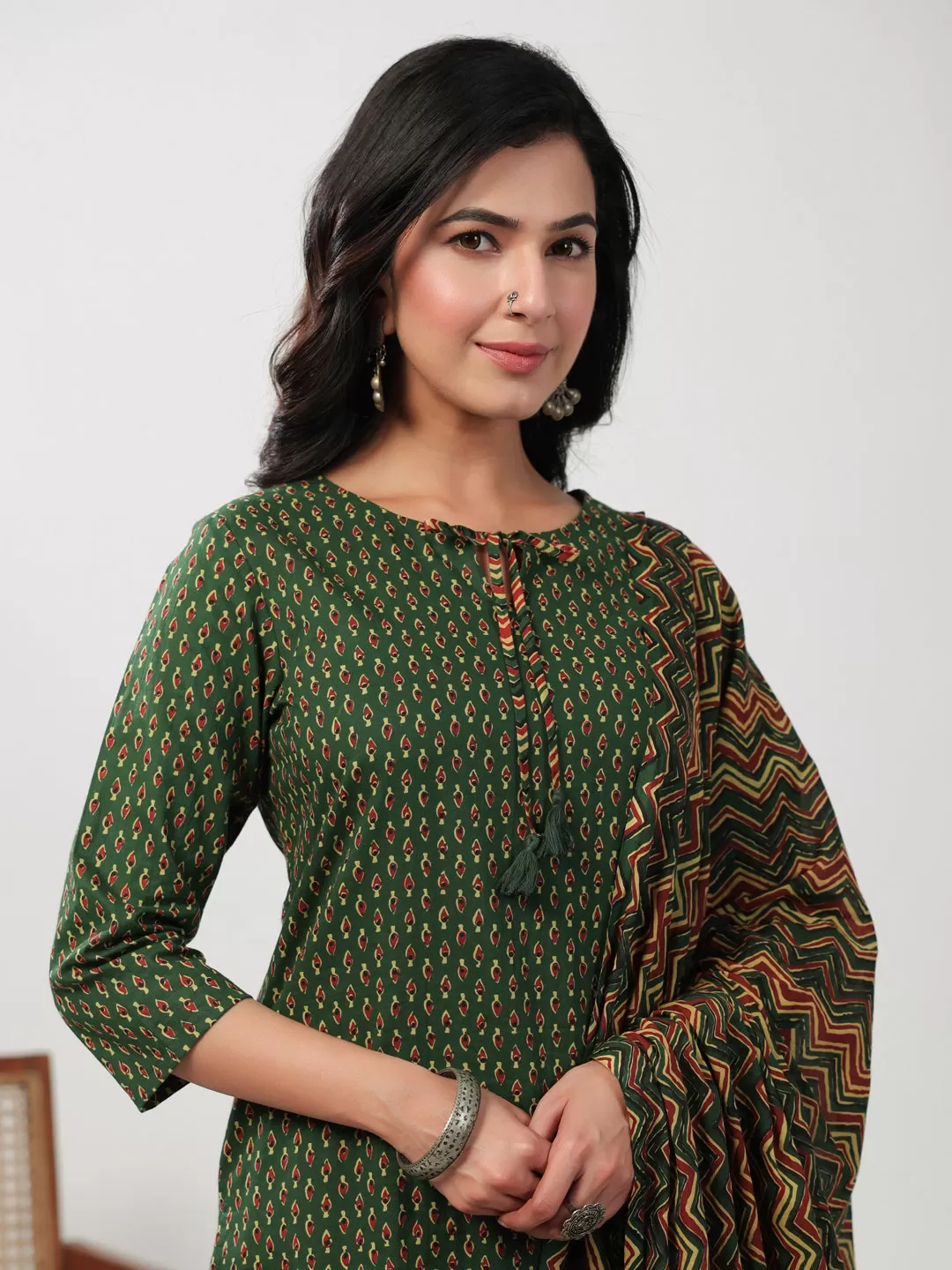 Green Cotton Ethinc Motifs Regular Kurta Set